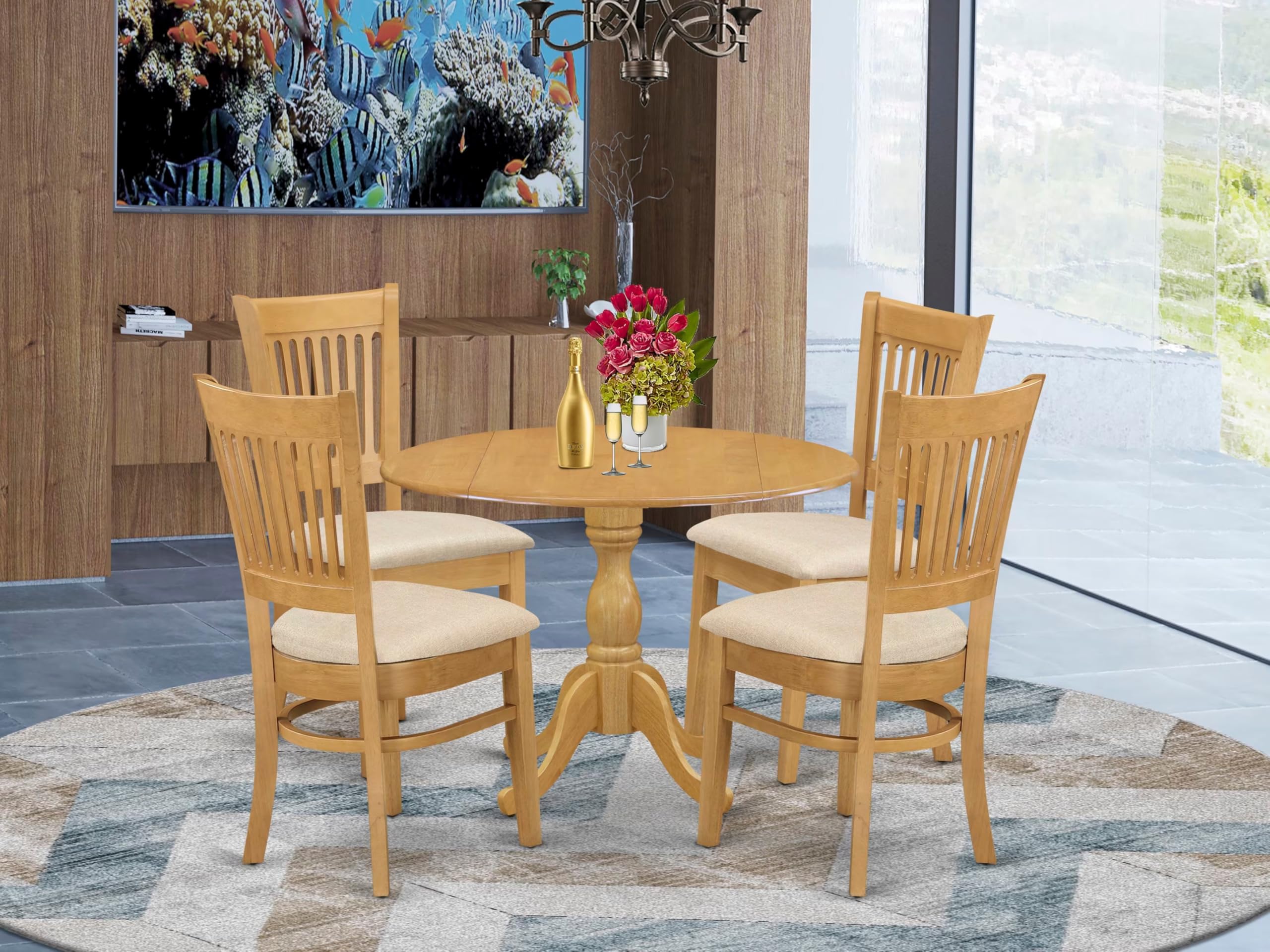 East West Furniture DMVA5-OAK-C 5 Piece Kitchen Table Set for 4 Includes a Round Dining Room Table with Dropleaf and 4 Linen Fabric Upholstered Dining Chairs, 42x42 Inch, Oak